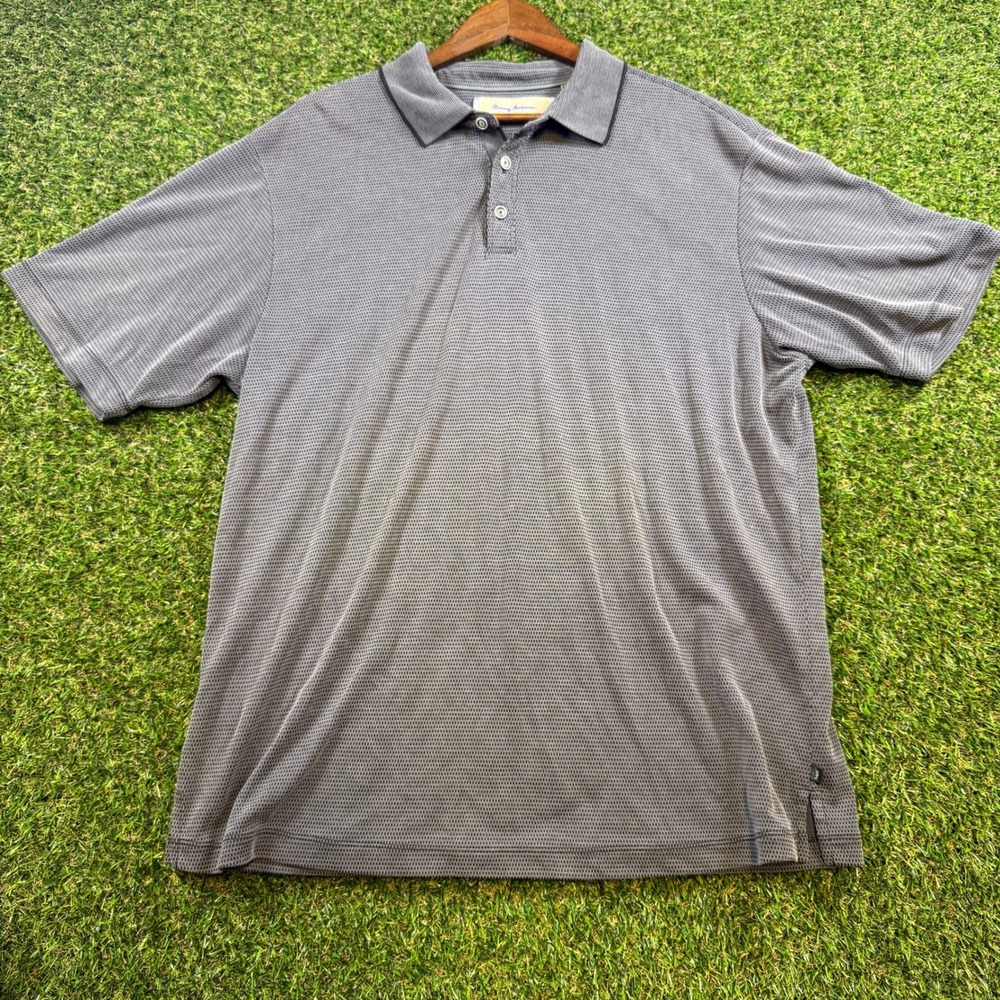 Tommy Bahama Mens XL Polo Shirt Grey Black Micro Pattern Modal Blend Short Slv